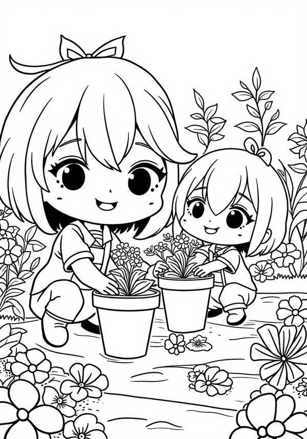 Cute chibi characters planting flowers coloring page