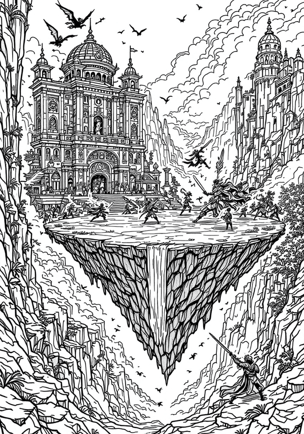 Epic battle on a floating anime island coloring page