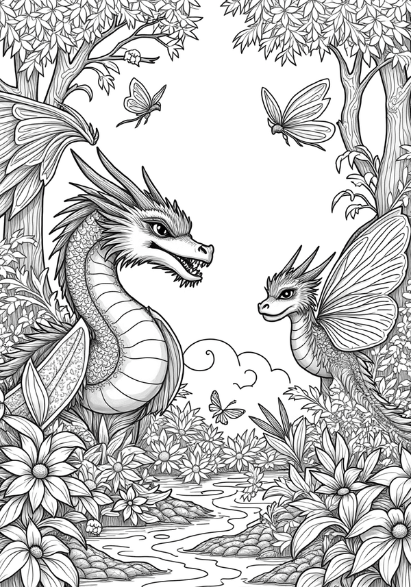 anime fantasy creatures in an enchanted forest coloring page
