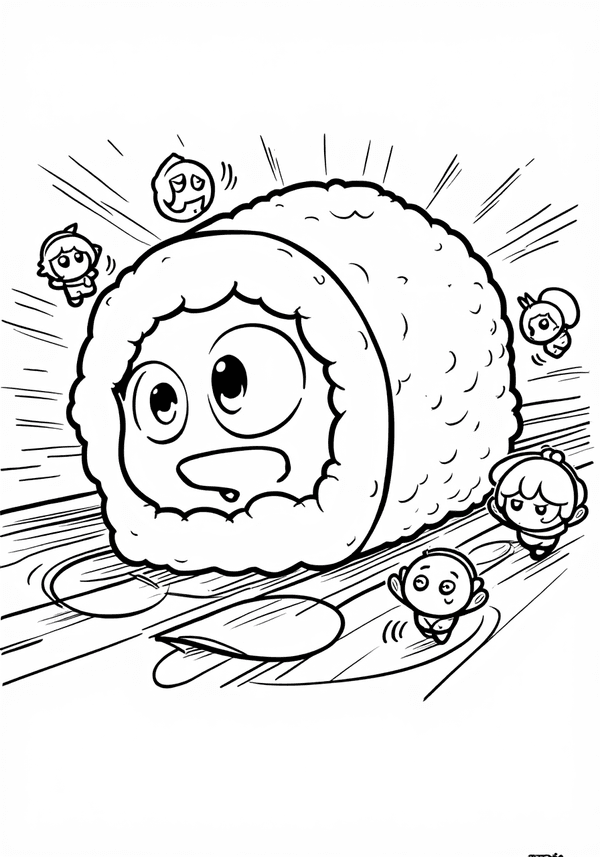 Giant sushi roll chasing anime characters coloring page
