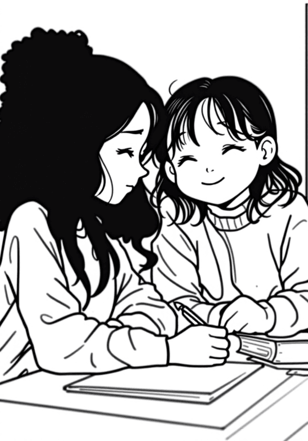 Anime high school friends studying together coloring page