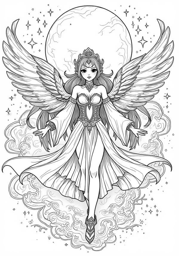 Magical girl transforming under moonlight coloring page