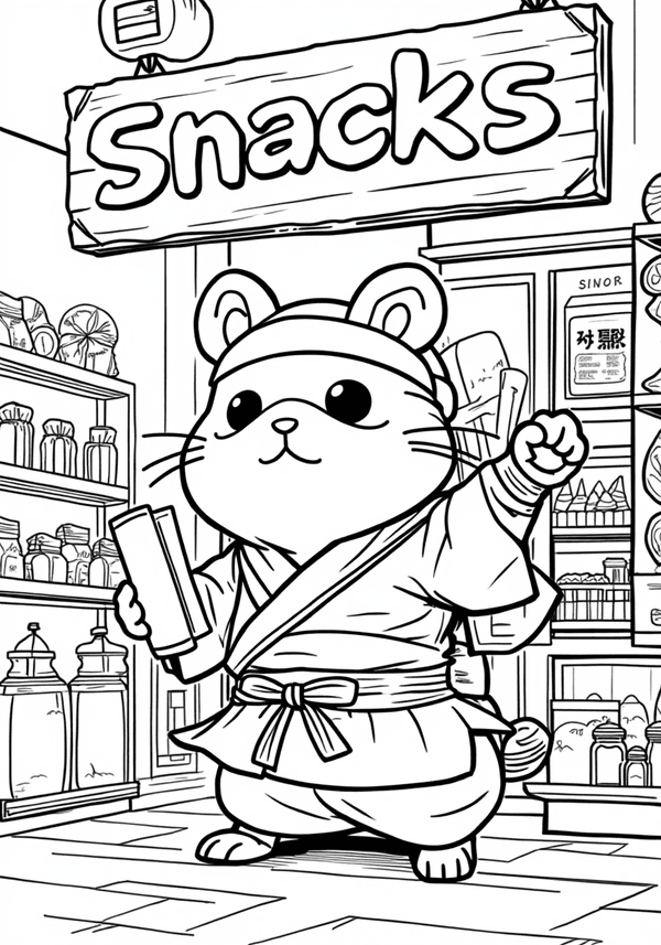 Ninja hamster sneaking into a snack shop coloring page