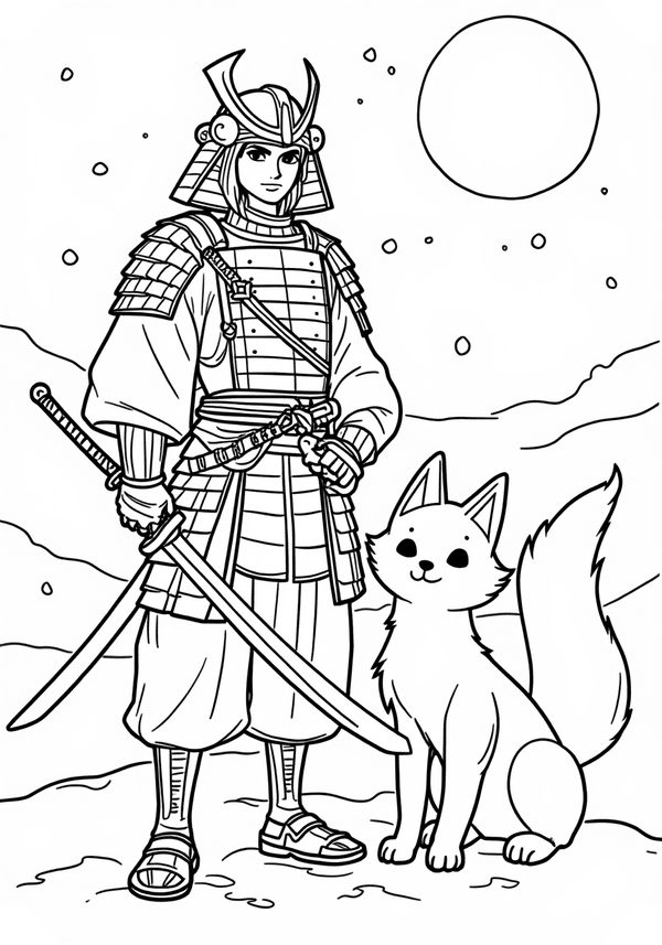 Samurai and kitsune under the moonlight coloring page