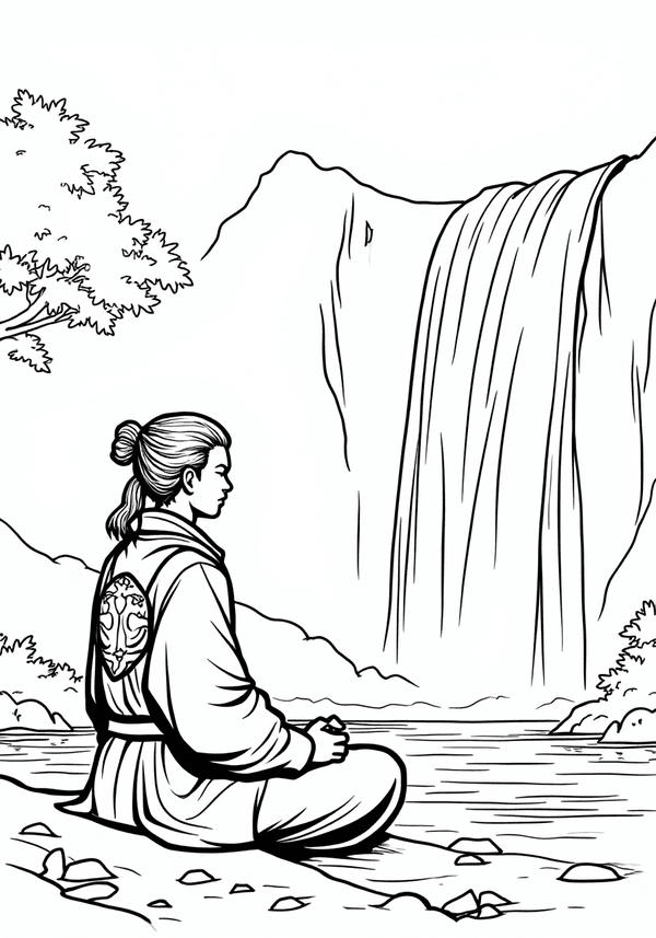 Samurai meditating beside a waterfall coloring page