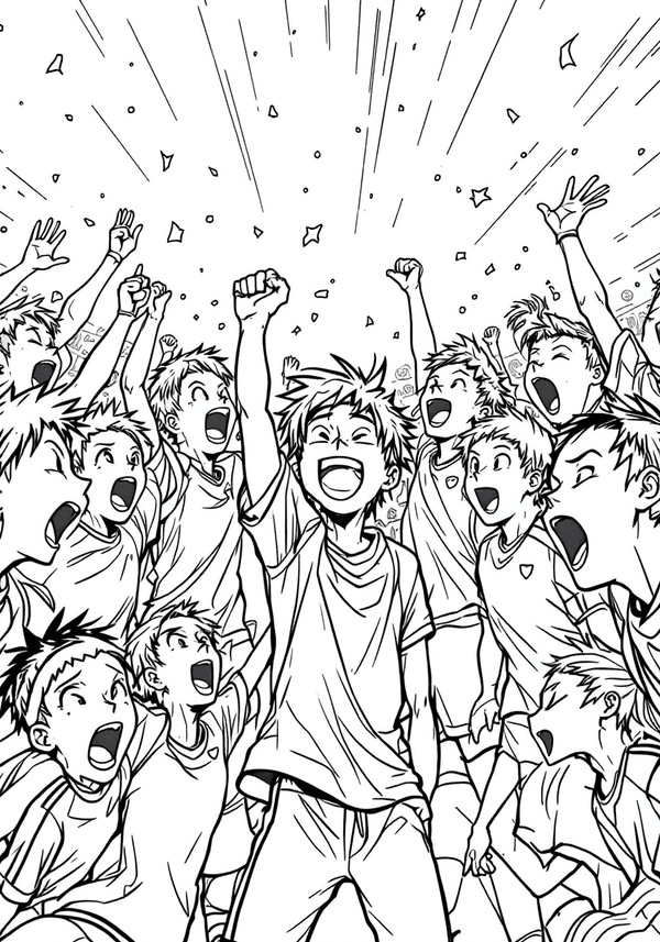 Anime sports team celebrating victory coloring page