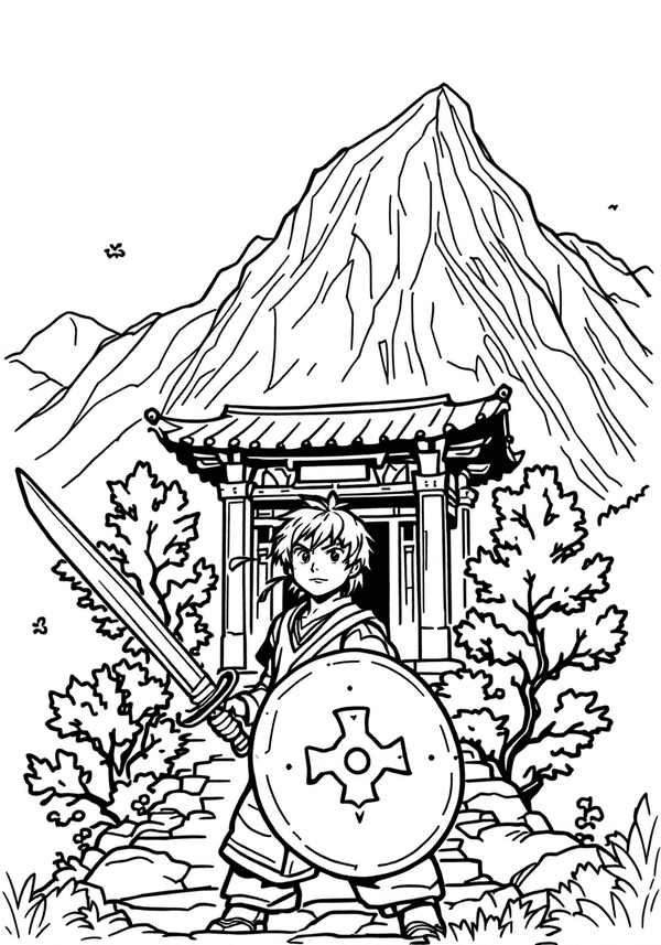 Sword-fighter defending a mountain shrine coloring page