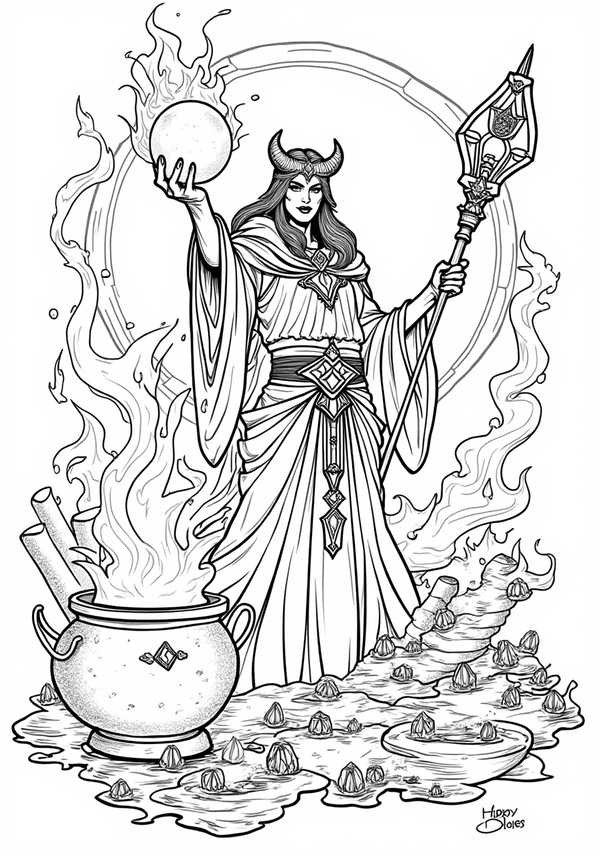 Villain plotting with magical artifacts coloring page