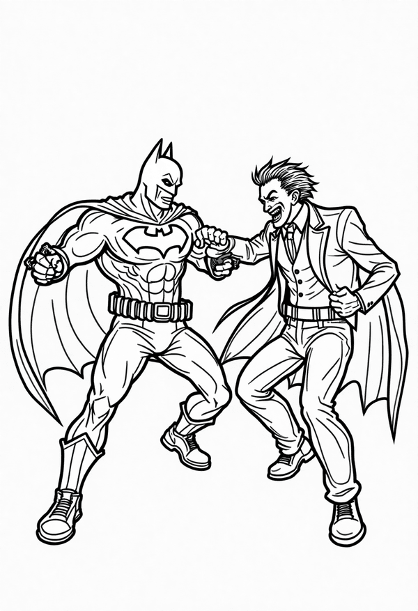 Batman battling Joker in a neon alley coloring page