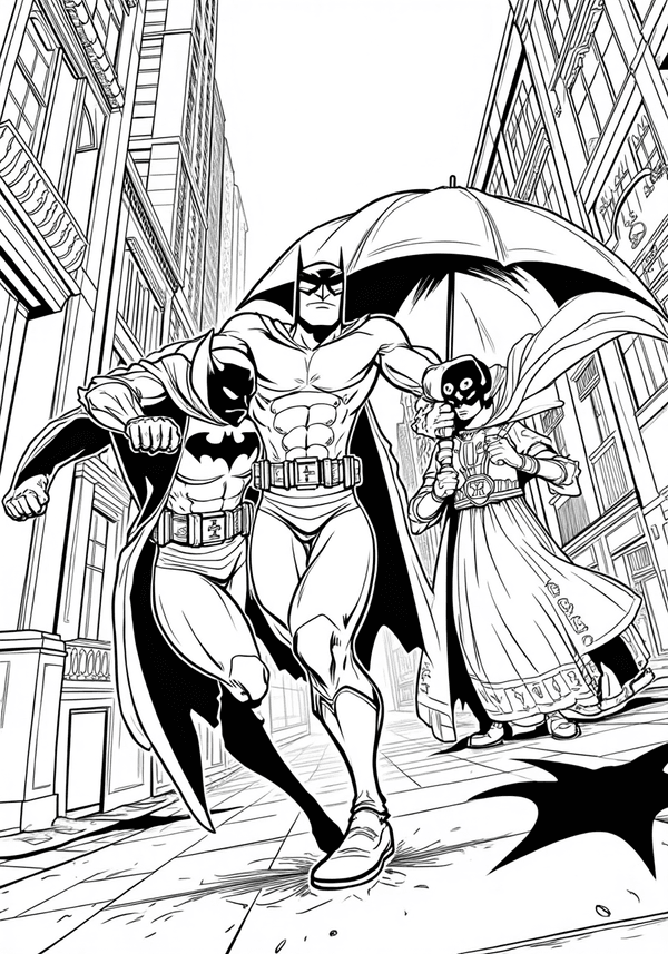 Batman chasing Penguin through the alley coloring page