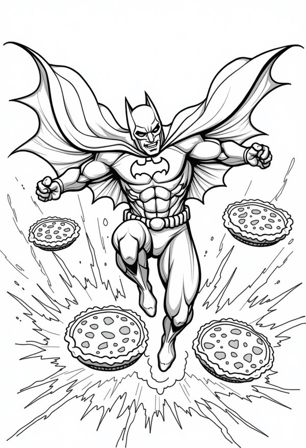 Batman dodging Joker's exploding pies coloring page
