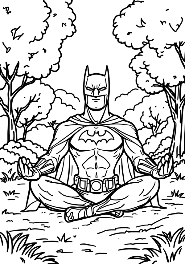 Batman doing yoga in the park coloring page