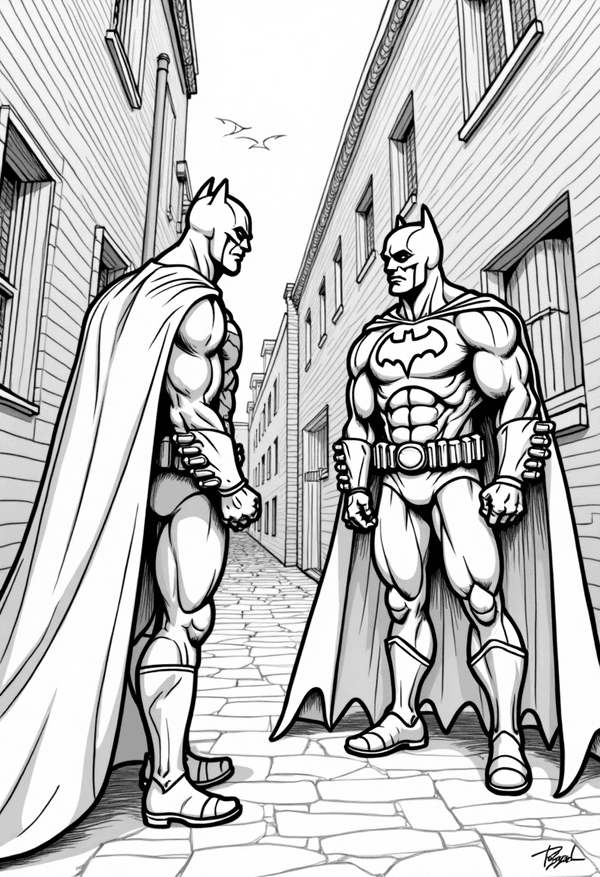 Batman facing a villain in a dark alley coloring page