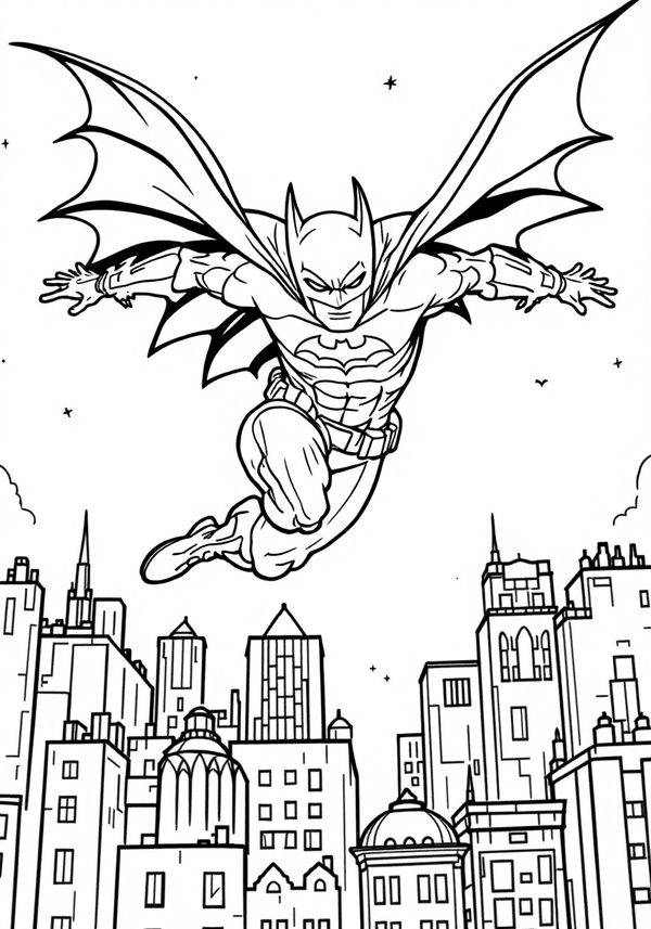 Batman leaping above Gotham City coloring page