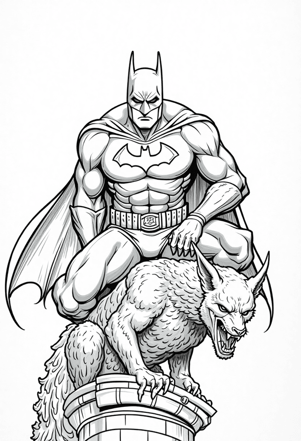 Batman perched on a gargoyle over Gotham coloring page