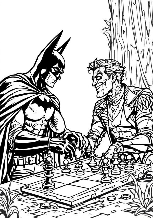 Batman playing chess with The Riddler coloring page