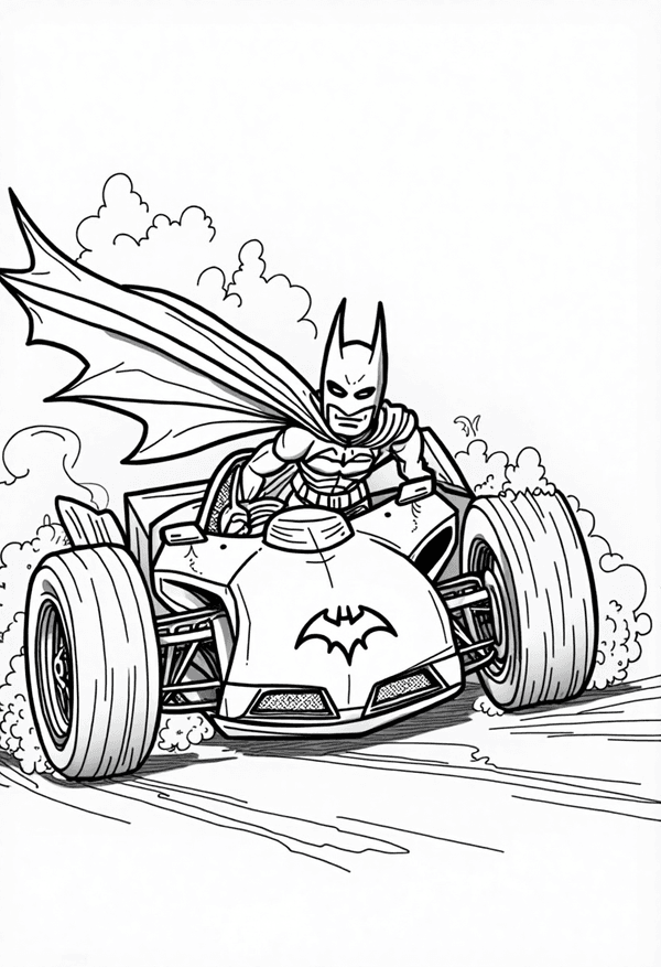 Batman racing in the Batmobile coloring page