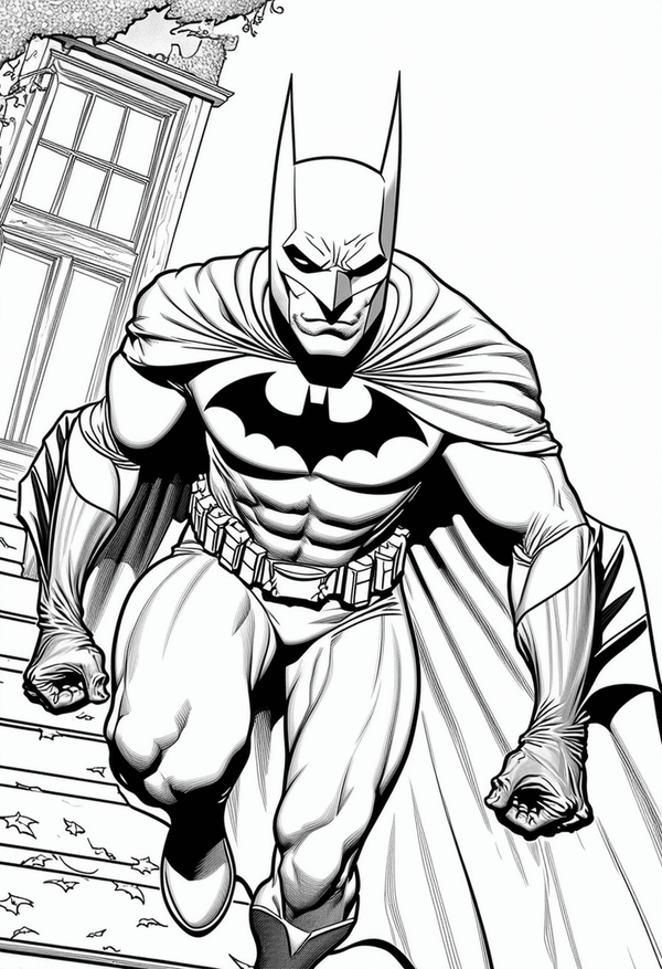 Batman sneaking in a haunted mansion coloring page
