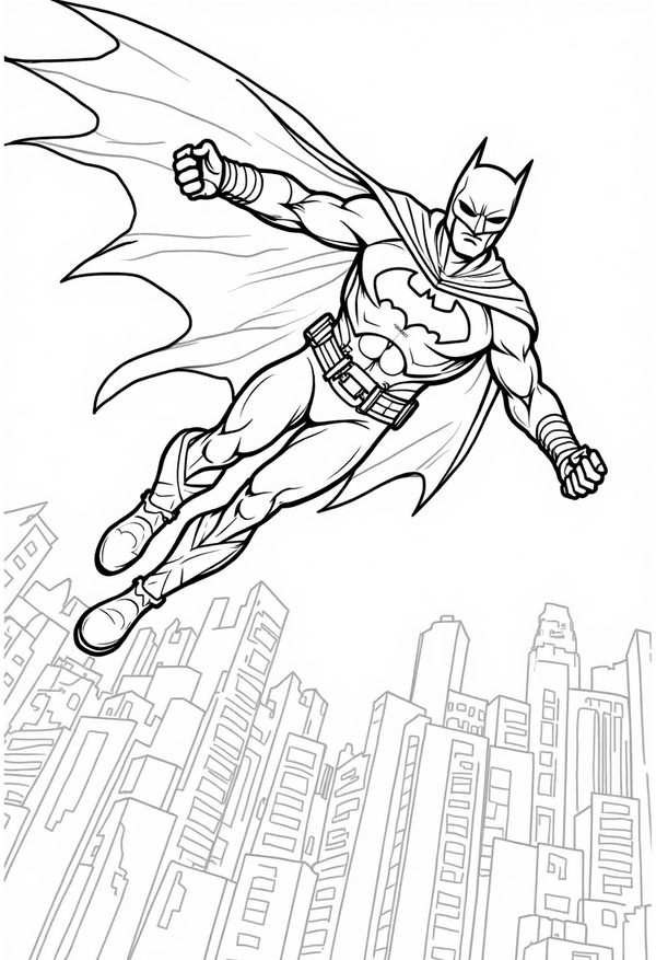 Batman swinging over Gotham Harbor coloring page