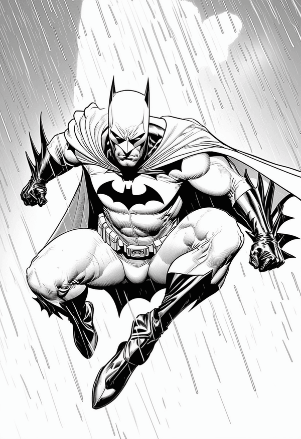 Batman swinging through a rainy night coloring page