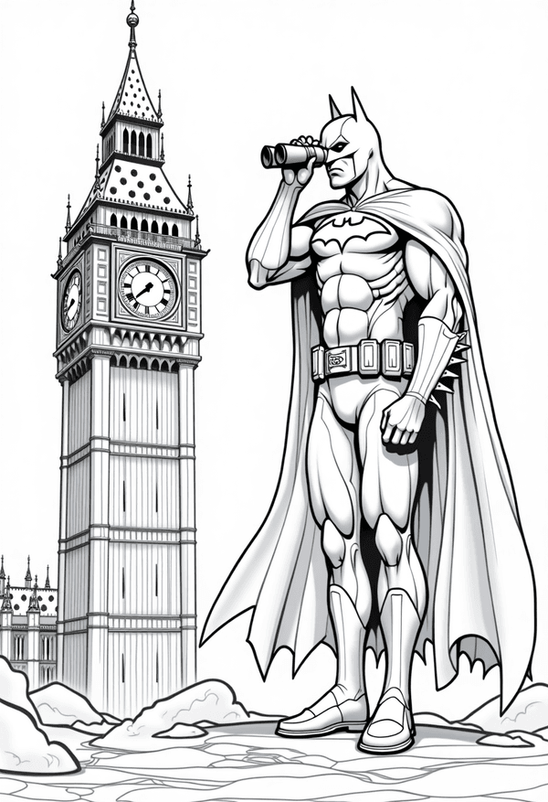 Batman using binoculars from clock tower coloring page