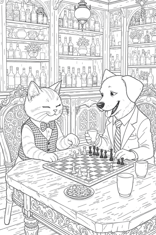 Cat and dog playing chess in a bar coloring page