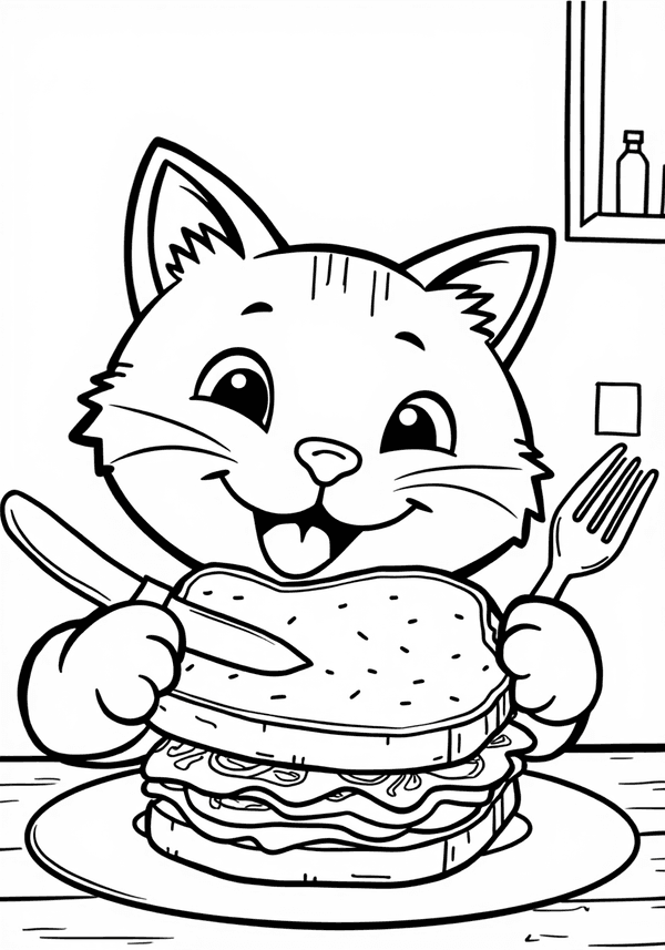 Cat eating a big sandwich coloring page