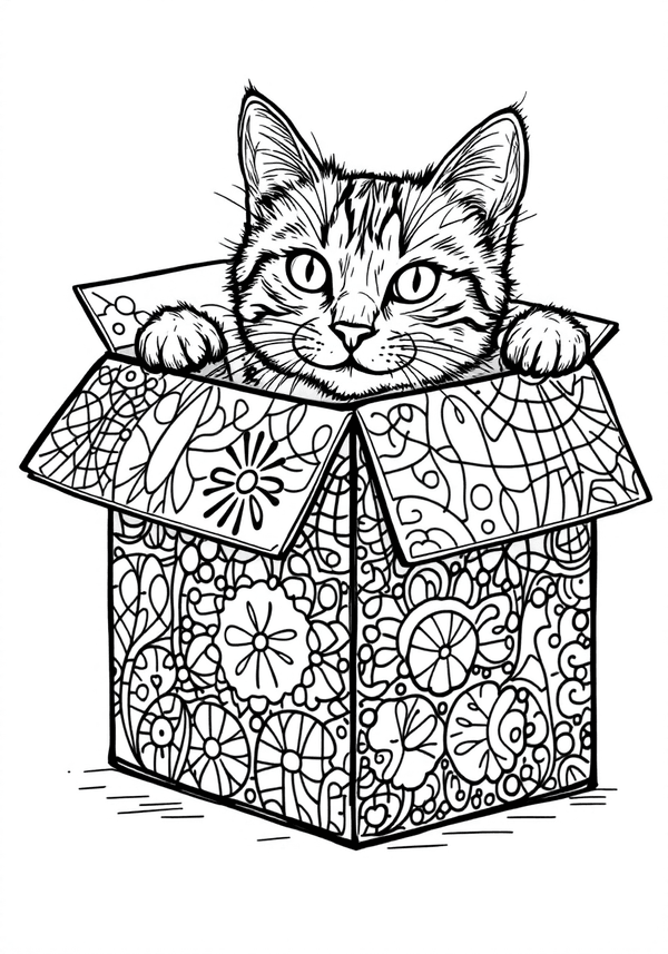 Cat hiding in a cardboard box coloring page