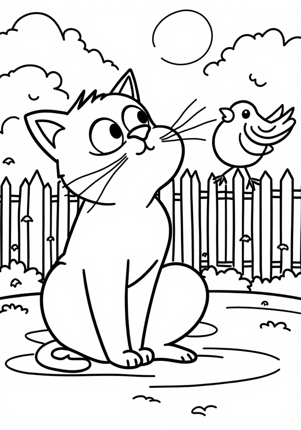 Cat watching birds in the backyard coloring page