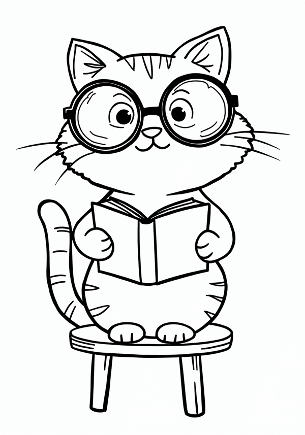 Cat wearing glasses reading a book coloring page