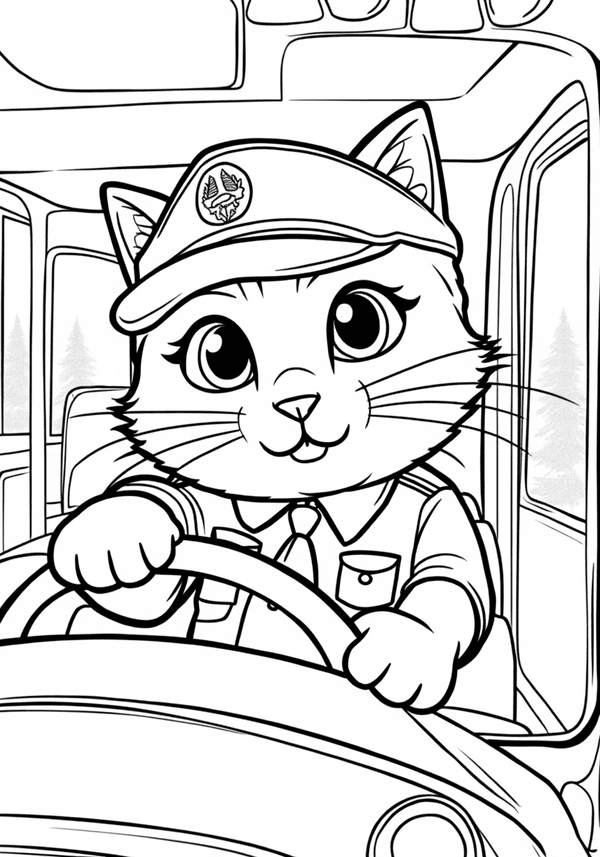 Cute cat driving the school bus coloring page