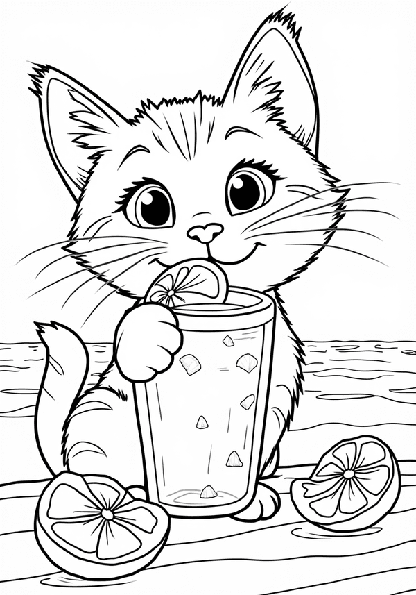 Cute cat enjoying their lime soda coloring page