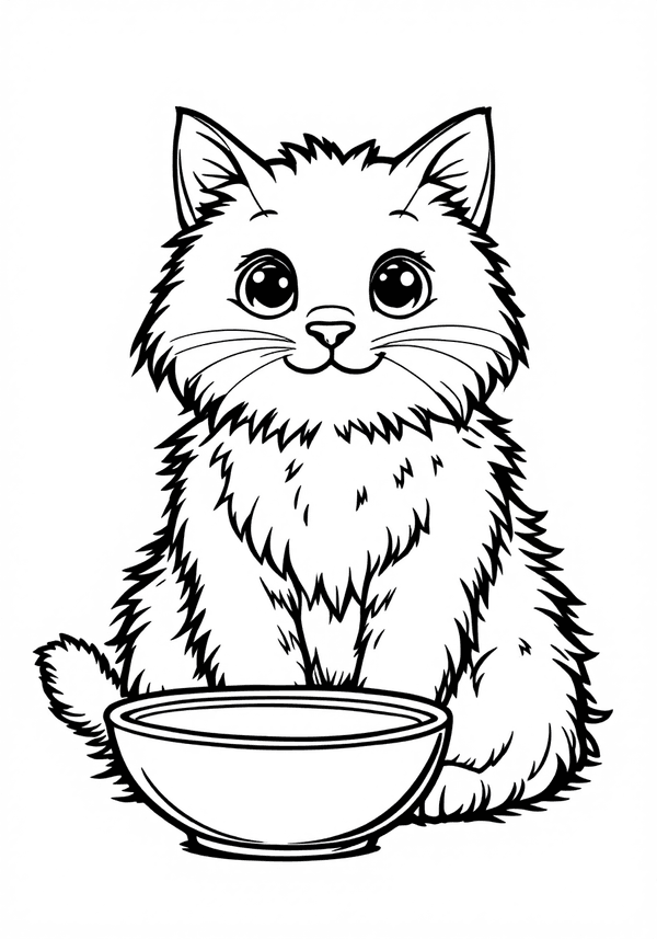 Fluffy cat drinking milk from a bowl coloring page