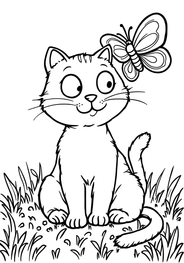 Friendly cat meeting a butterfly coloring page