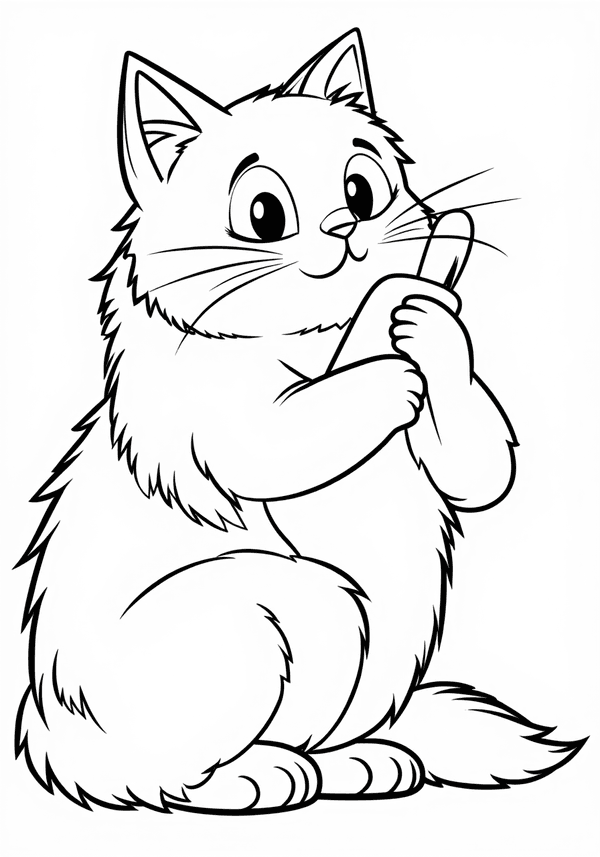 Long-haired cat grooming itself coloring page