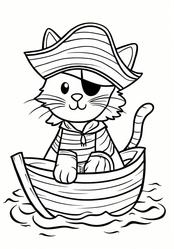 Pirate cat sailing a toy boat coloring page