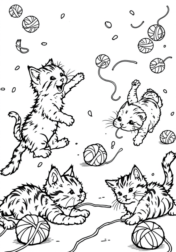 Playful kittens chasing yarn balls coloring page