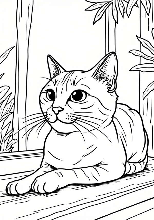 Siamese cat relaxing in the sun coloring page