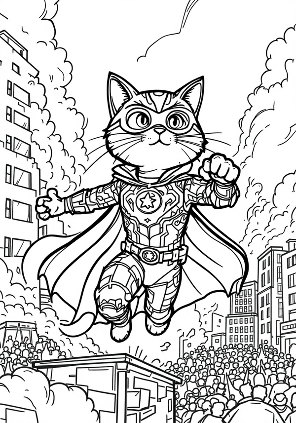Superhero cat saving the day coloring page