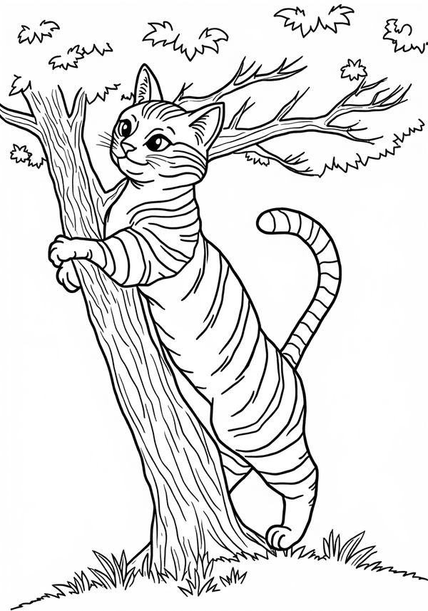 Tabby cat climbing a tree coloring page