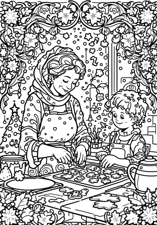 Baking Christmas cookies with Grandma coloring page