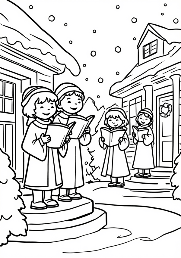 Carolers singing at snowy doorsteps coloring page