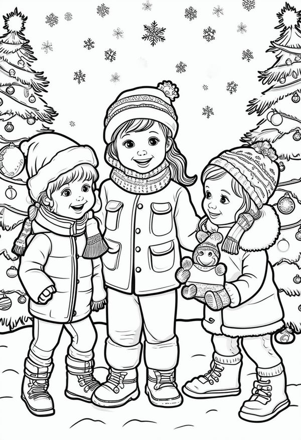 Children enjoying Christmas Day coloring page