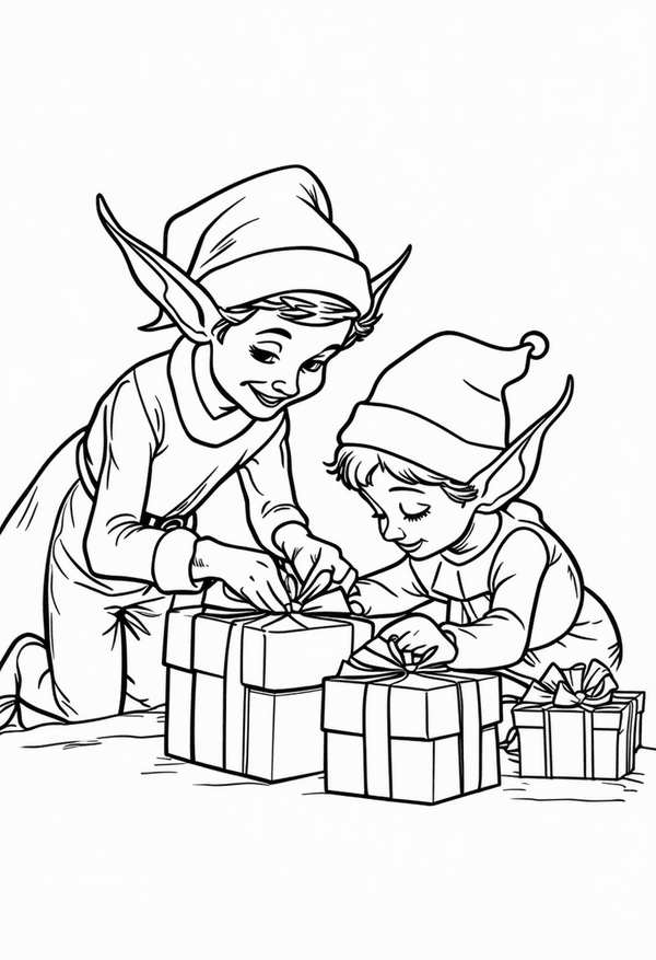Elves preparing holiday gifts coloring page