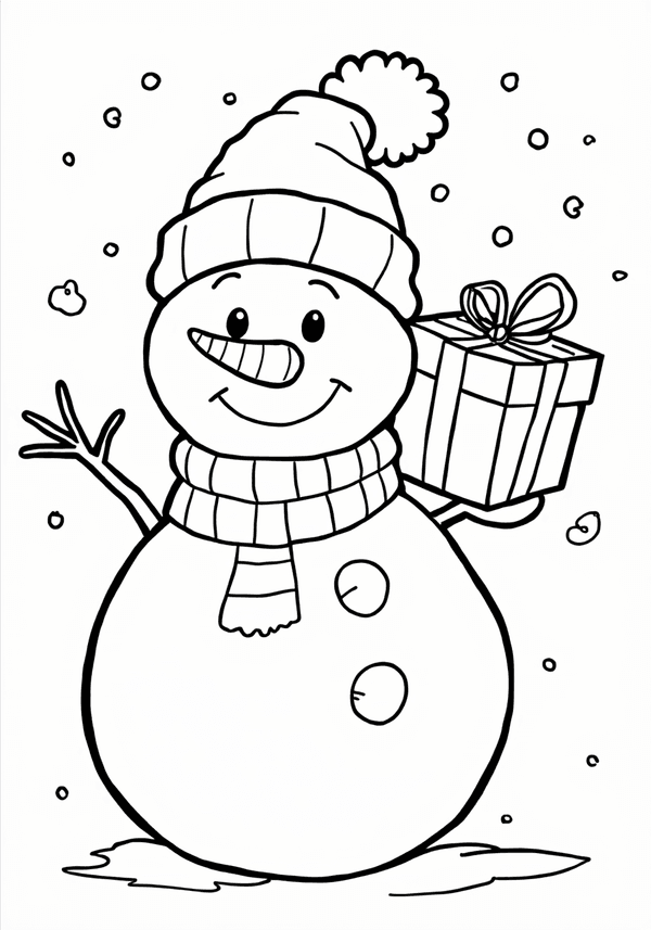 Friendly snowman giving gifts coloring page
