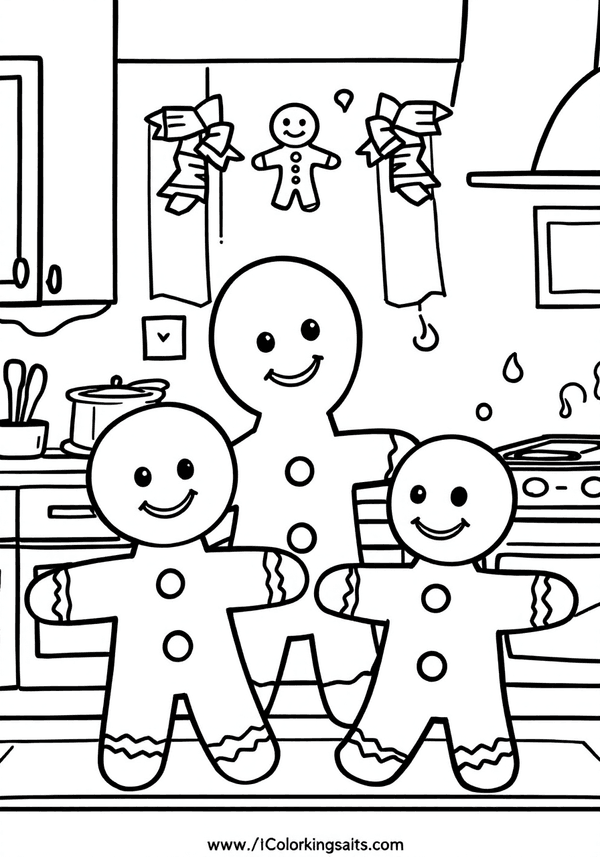 Gingerbread men baking in the kitchen coloring page
