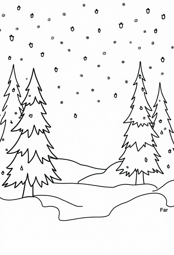 Holiday lights twinkle in the forest Christmas coloring page