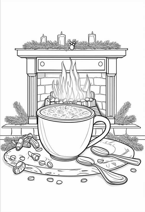 Hot cocoa by the fireplace Christmas coloring page