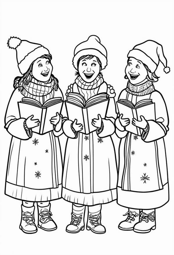 Joyful carolers at Christmas coloring page