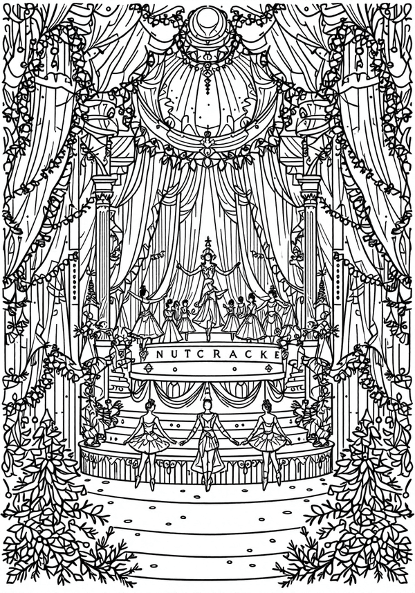 Nutcracker Ballet performance scene Christmas coloring page
